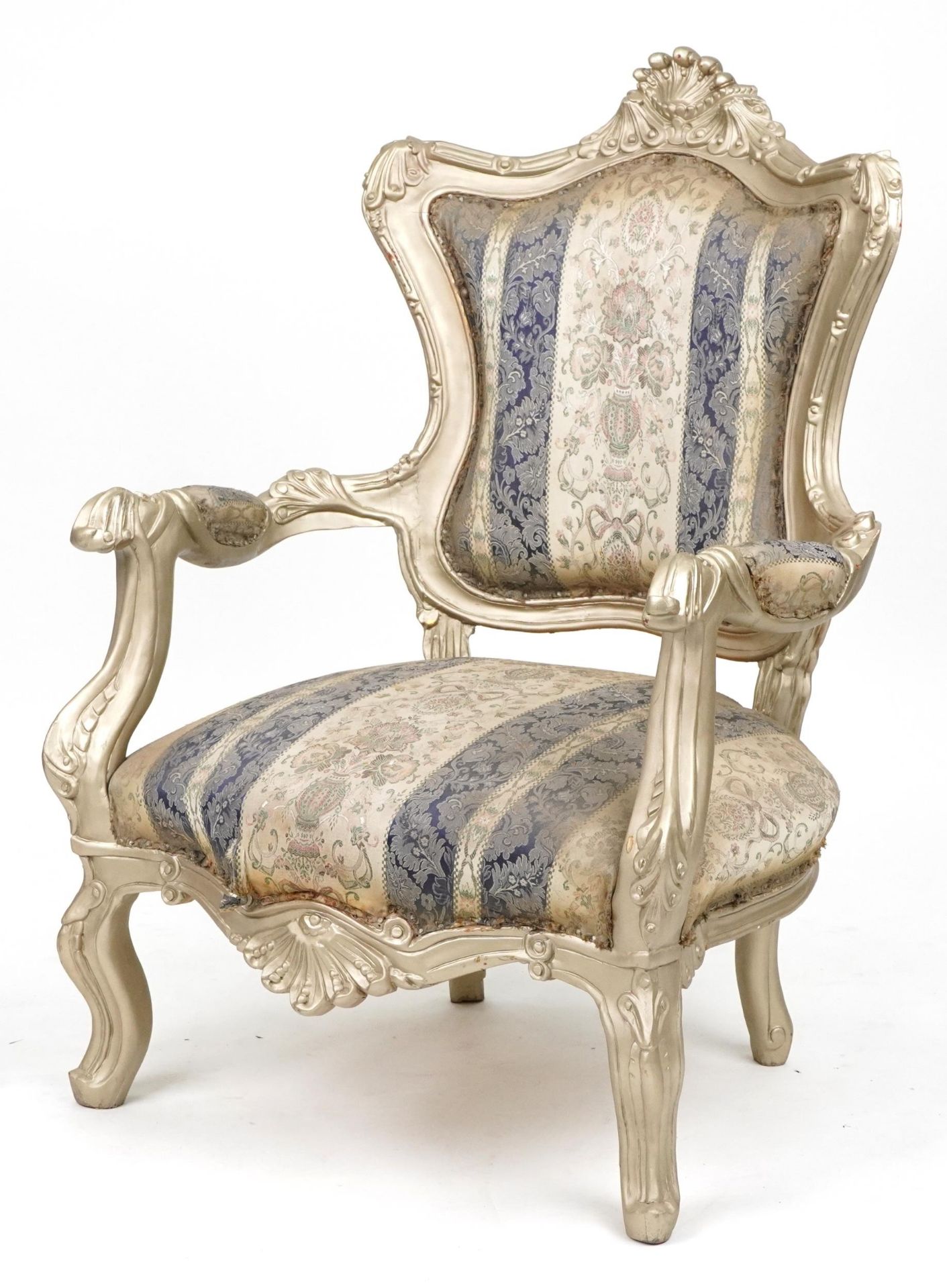 French style ornate gilt open armchair with blue and cream striped floral upholstery, 110cm high