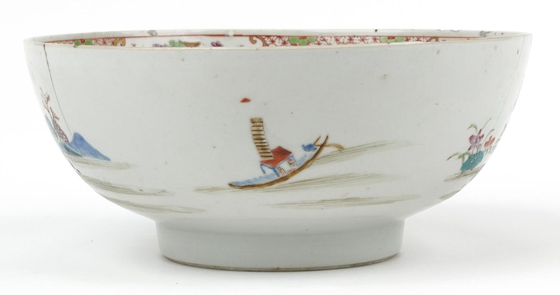 Large Chinese porcelain footed bowl hand painted in the famille rose palette with a continuous river - Image 4 of 8