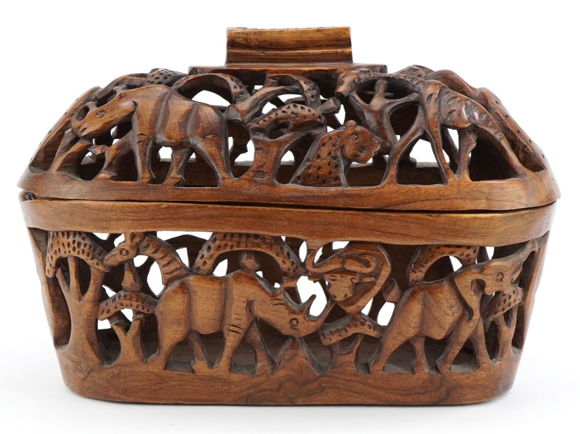 African pierced basket and cover carved with animals - Image 2 of 4