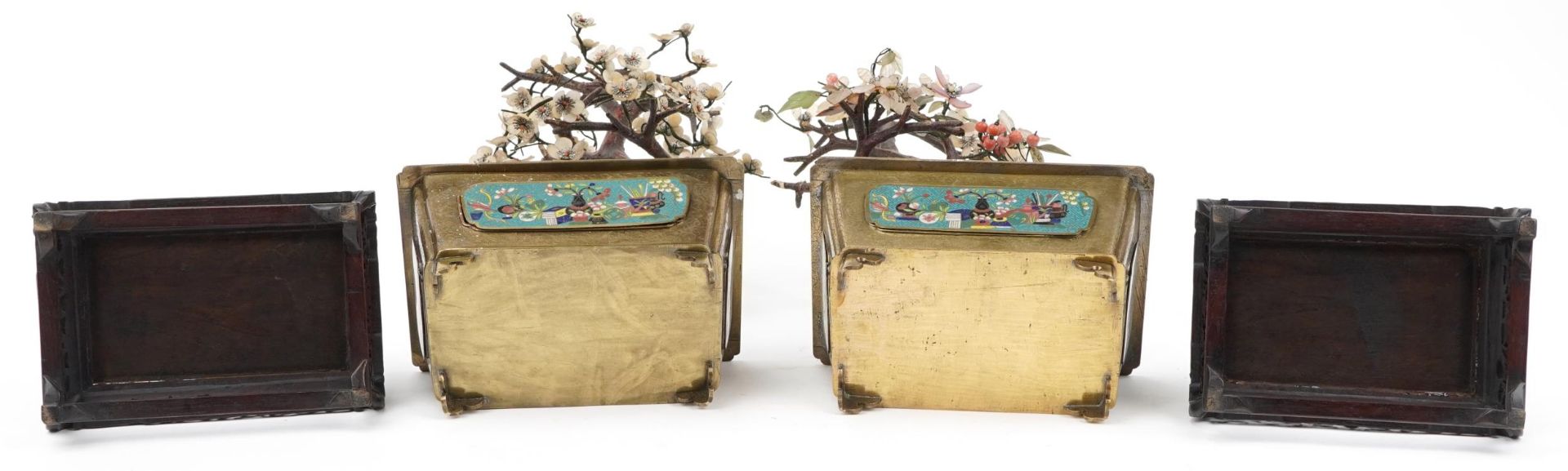 Good pair of Chinese hardstone bonsai trees housed in engraved brass planters with cloisonne - Image 5 of 6