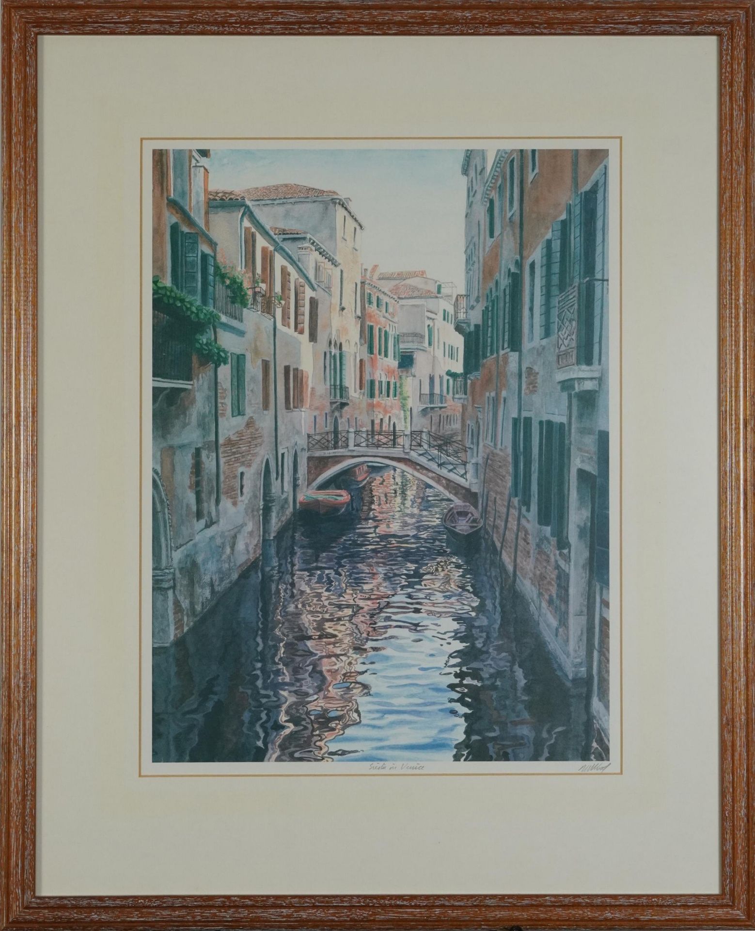 Siesta in Venice, pencil signed print in colour, indistinctly signed, mounted, framed and glazed, - Image 2 of 4