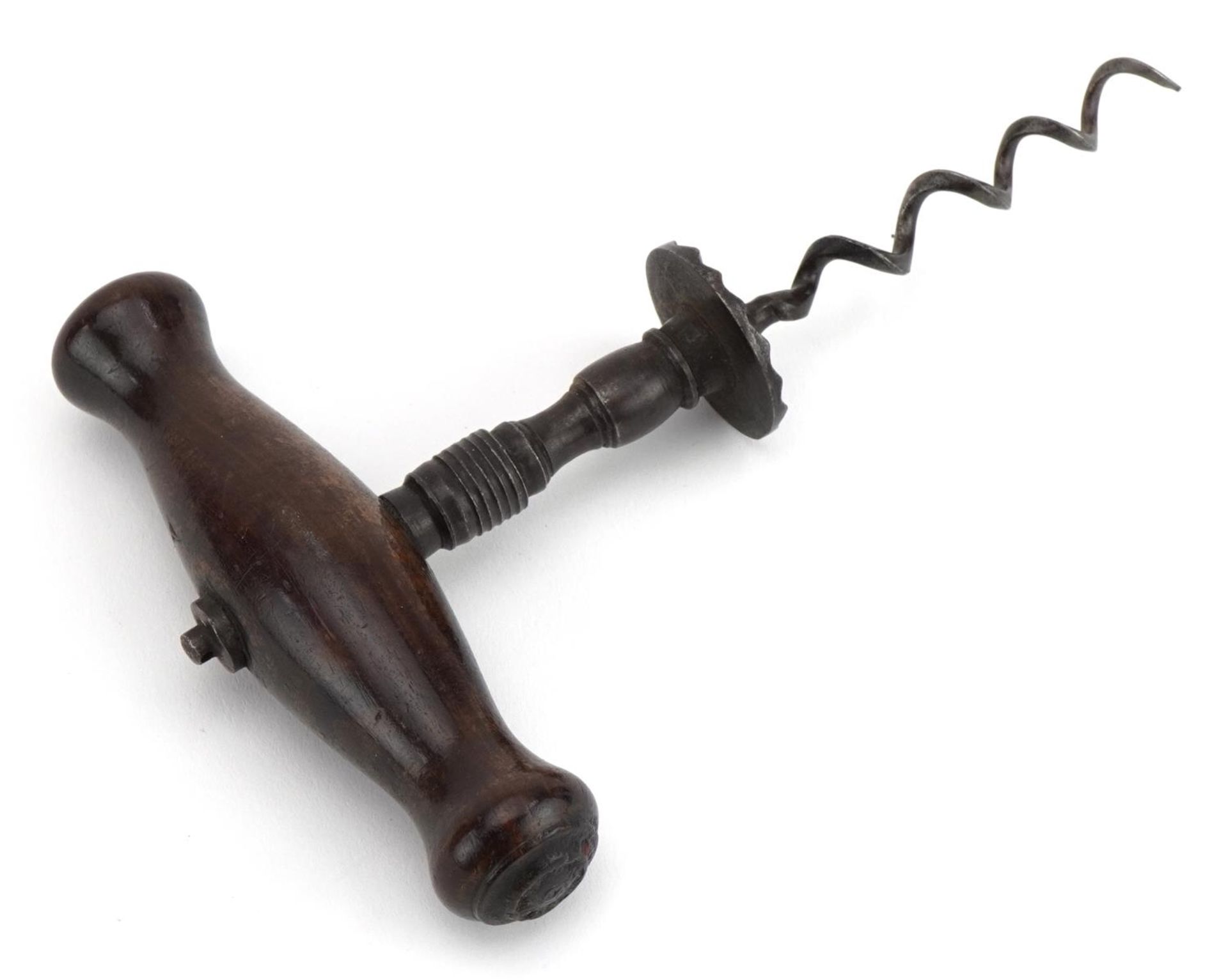 Antique steel corkscrew with hardwood handle - Image 3 of 4