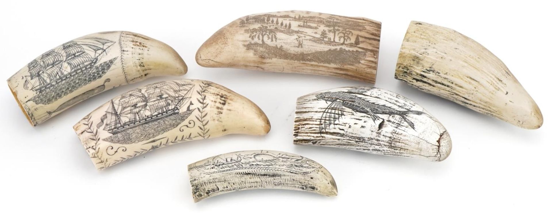Six scrimshaw style decorative tusks decorated with figures and ships, the largest 16cm high - Image 8 of 14