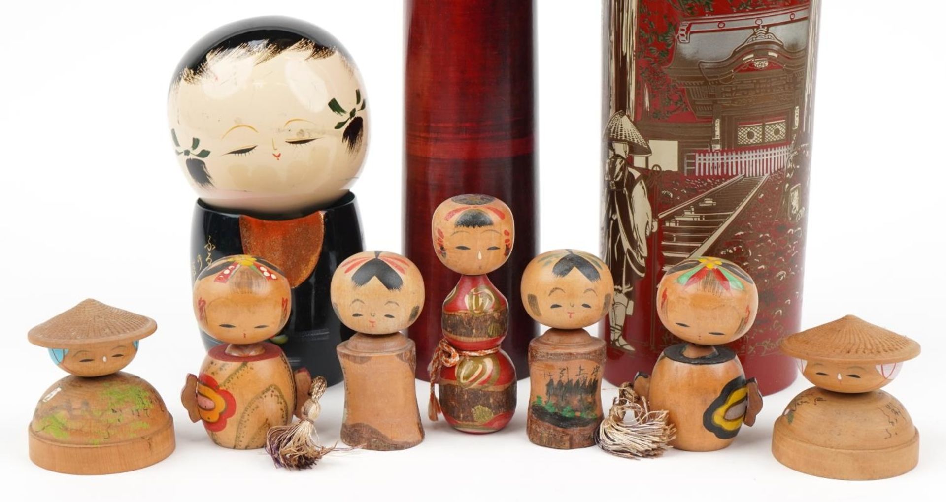 Nine Japanese wooden and lacquered Kokeshi dolls, the largest 48cm high - Image 6 of 6