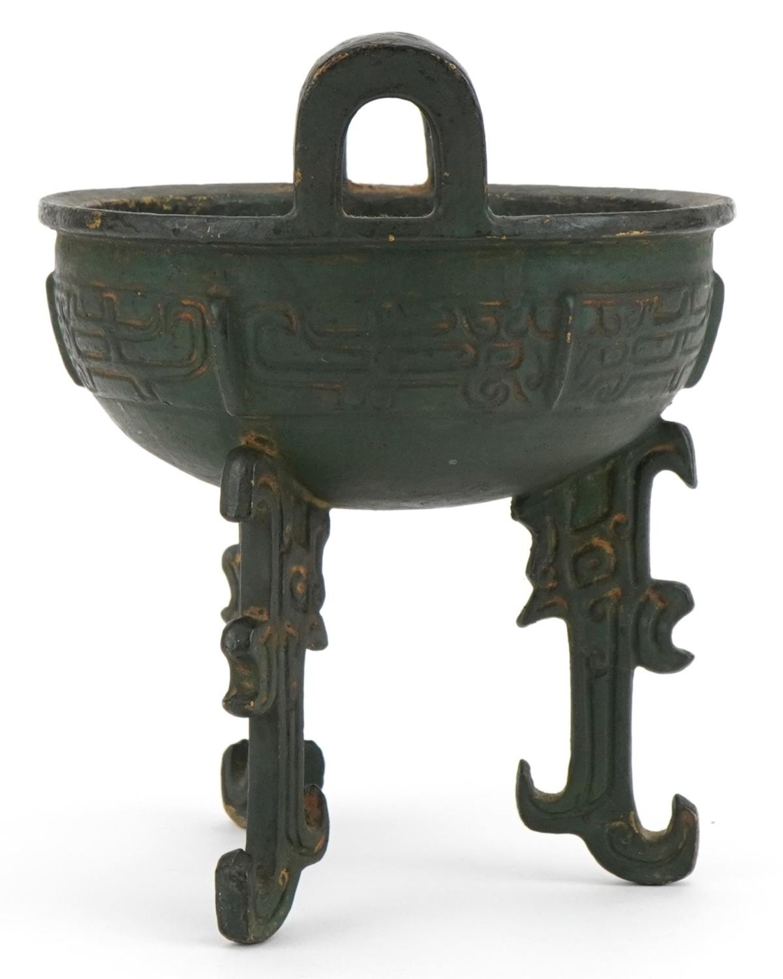 Chinese archaic style bronzed tripod censer with twin handles, 18cm high - Image 4 of 6