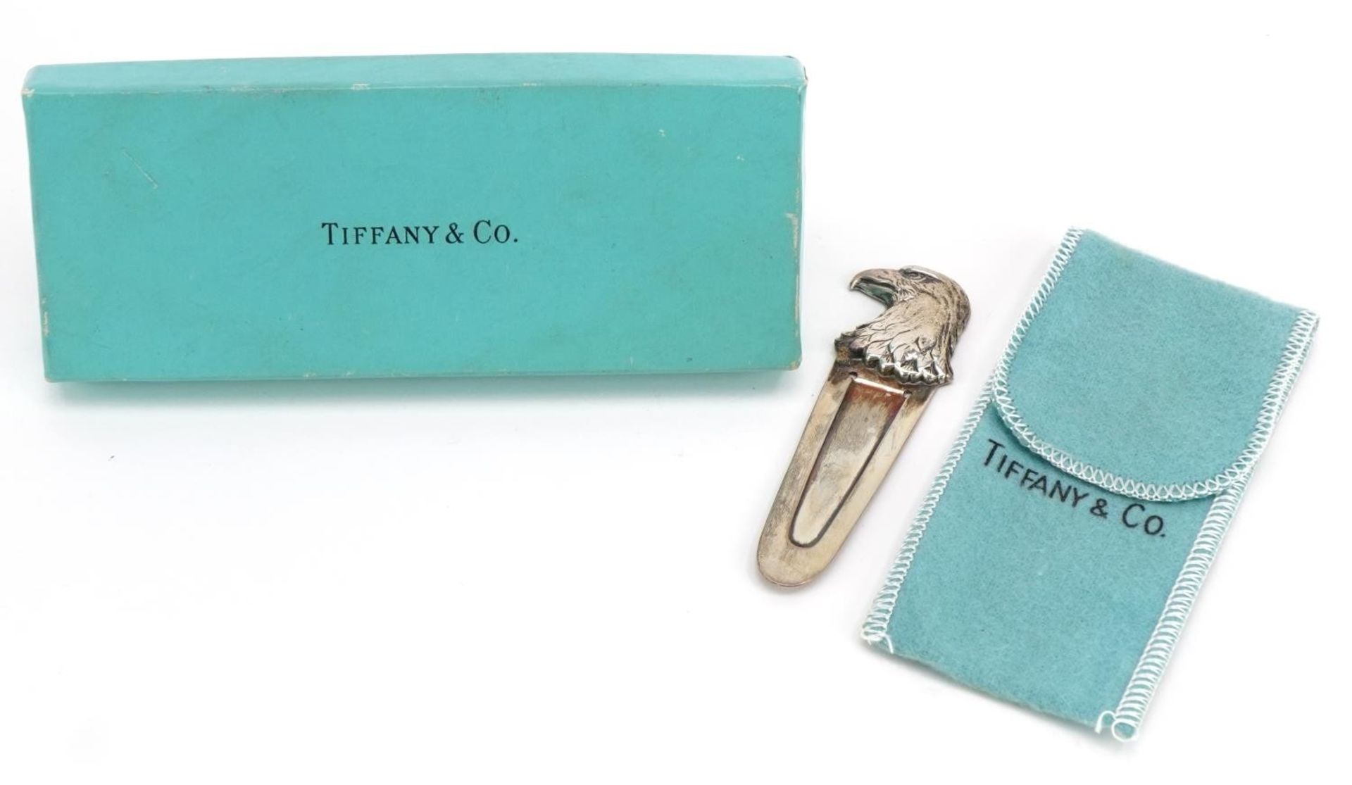 Tiffany & Co silver eagle head bookmark with box, 8.5cm high, 14.2g