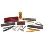 Sundry items including cutthroat razors, oak Mappin & Webb silk and velvet lined fitted box and a