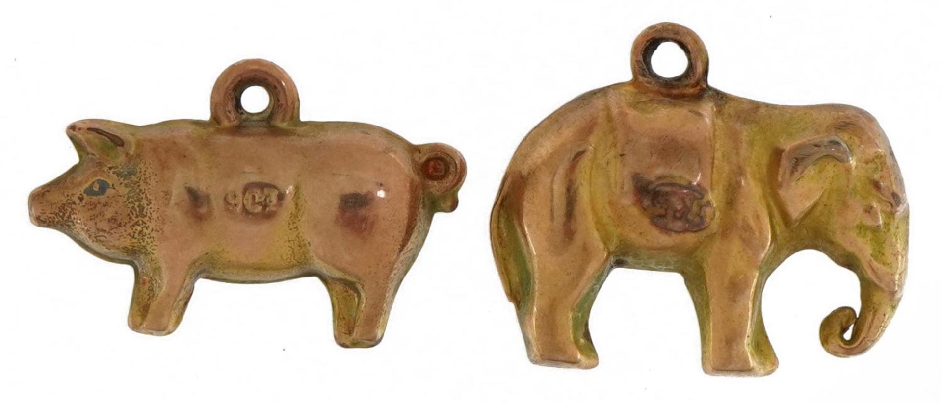 Two 9ct gold animal charms comprising pig and elephant, the largest 1.8cm wide, total 1.6g - Image 2 of 3