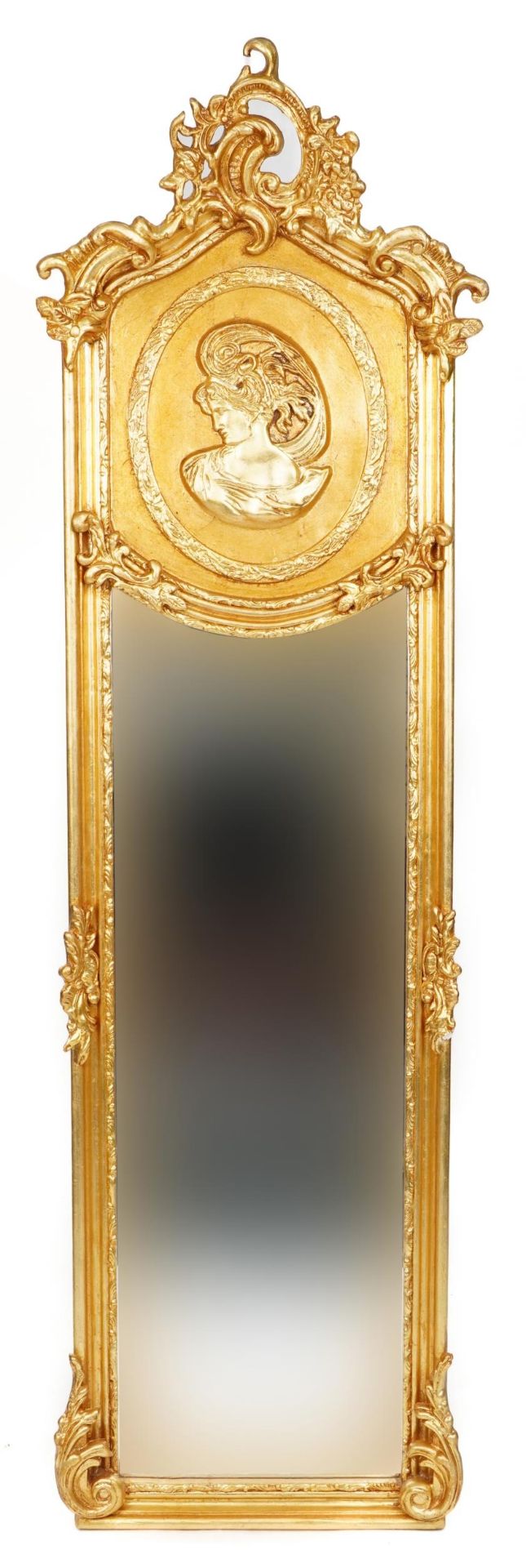 Large ornate gilt framed wall mirror with bevelled glass and relief panel of a maiden, 180cm x 53cm