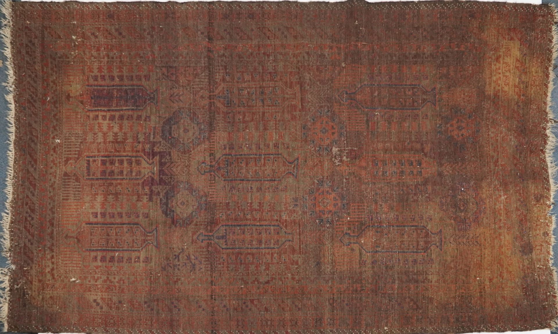 Antique Turkish carpet having an all over blue and red geometric design , 290cm x 206cm - Image 6 of 7