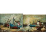 Julian Porisse - Moored fishing boats before buildings, pair of oil on canvasses, each