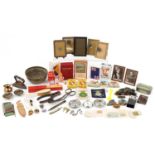 Sundry items including photo frames, playing cards, miniature German porcelain doll, padlocks and an