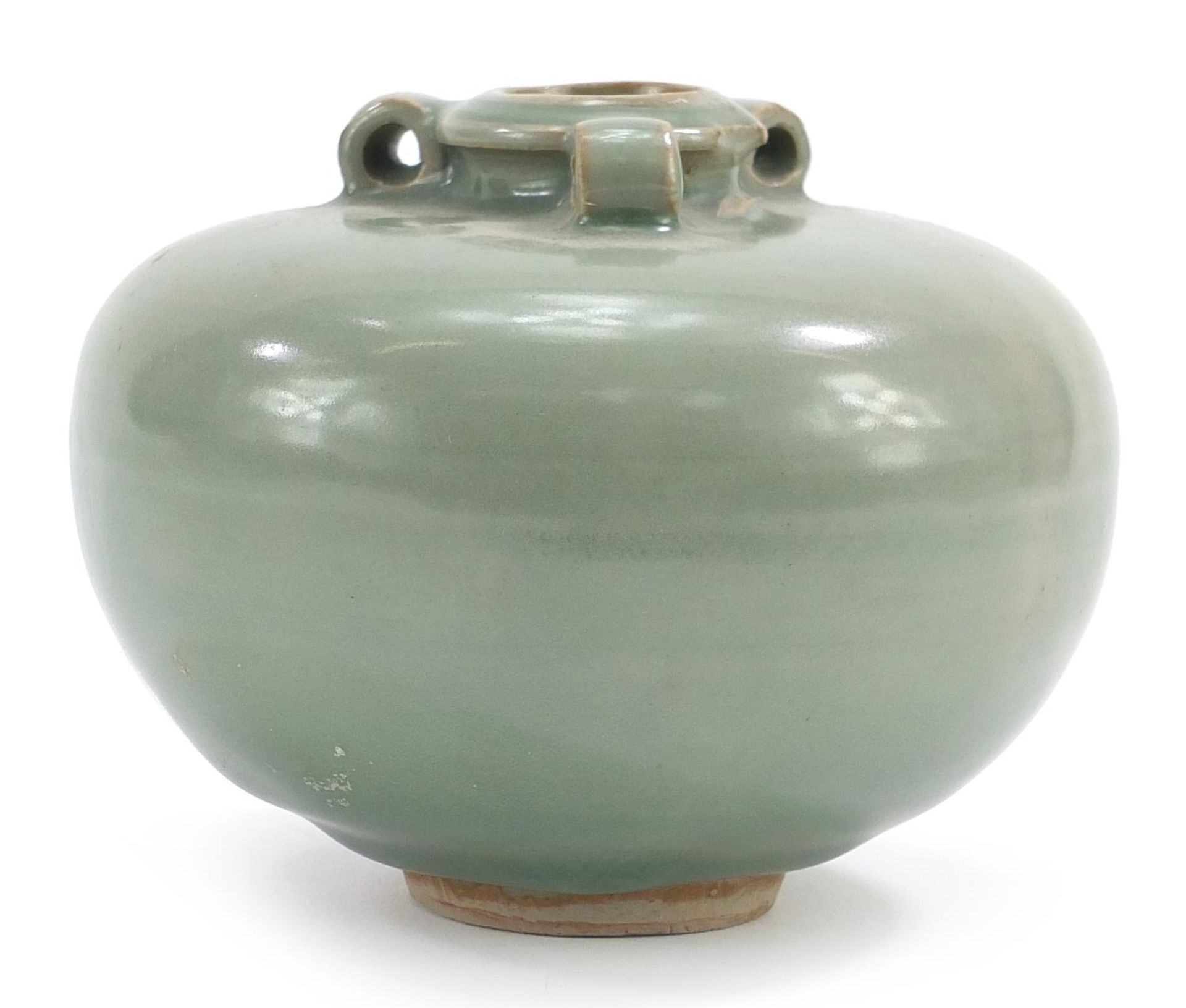 Chinese porcelain three handled jar having a celadon glaze, 10cm high - Image 2 of 3