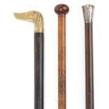 Three wooden walking sticks including a coromandel example with silver pommel, 89cm in length