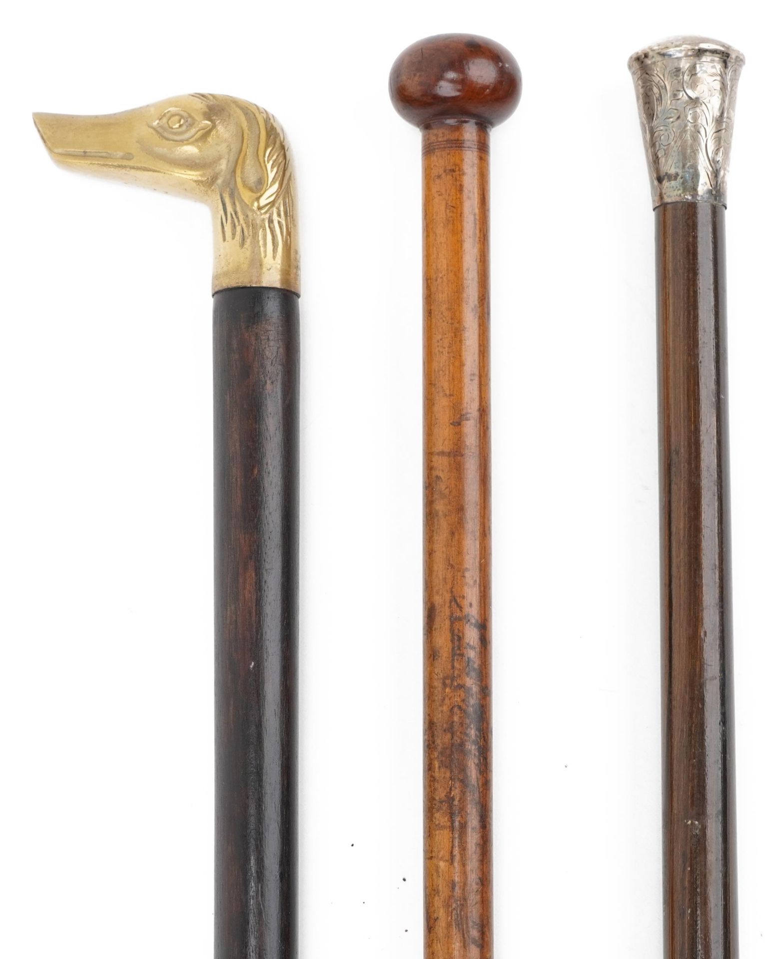 Three wooden walking sticks including a coromandel example with silver pommel, 89cm in length