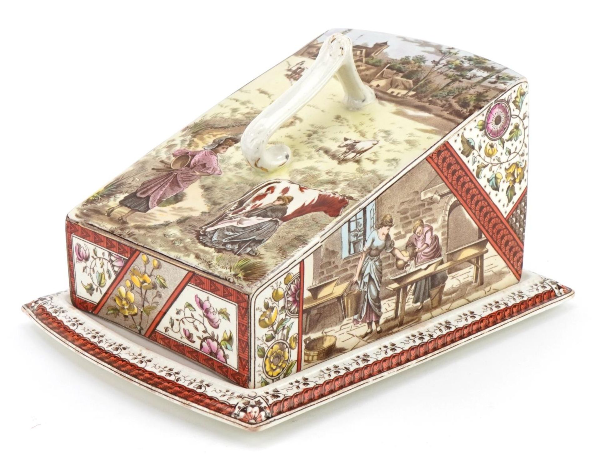 Burgess & Leigh, Victorian aesthetic lidded cheese dish and cover decorated with workers and cattle,