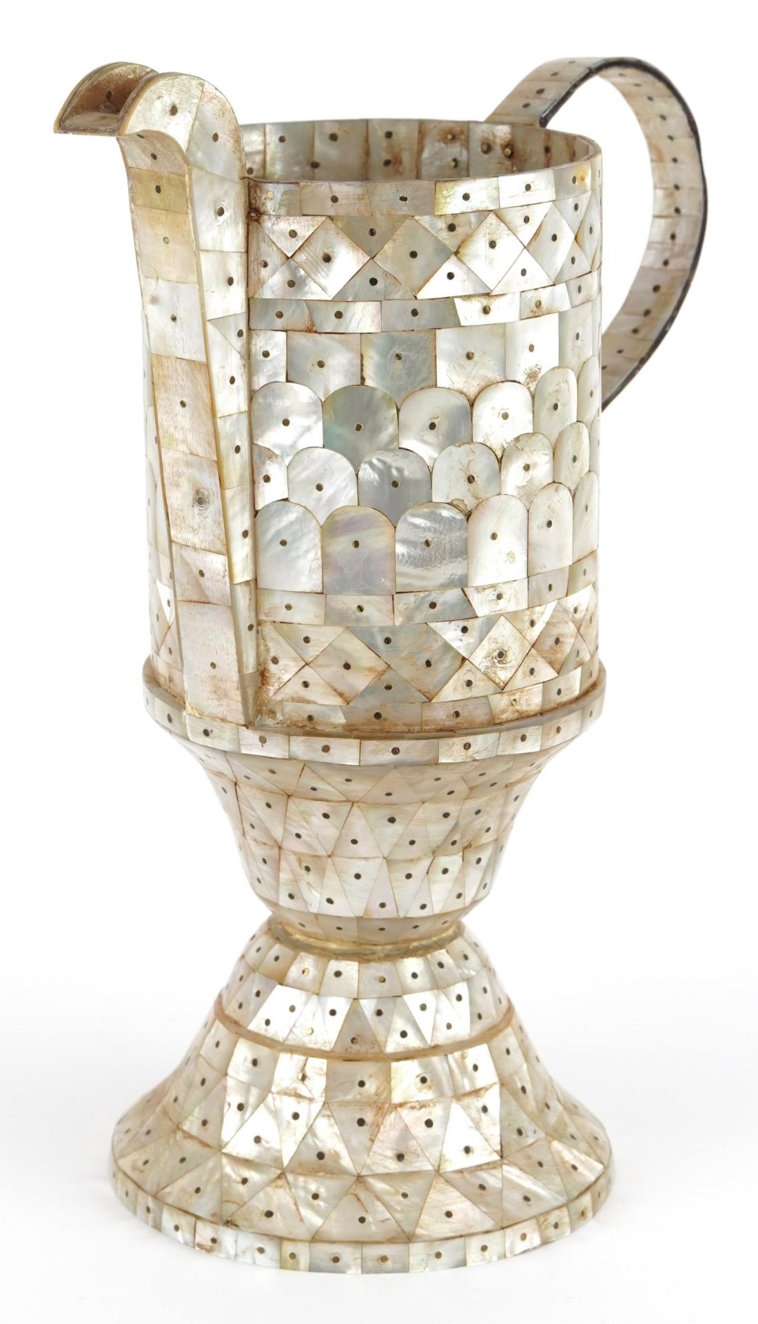 Indian Goa mother of pearl jug formed of pinned sections, 25cm high