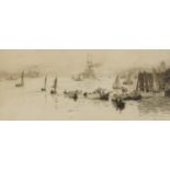 William Lionel Wyllie - Boats and Ships at the Mouth of The River Tyne, pencil signed etching,