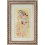 Rectangular Persian panel hand painted with two figures housed in a Vizagapatam style easel frame,