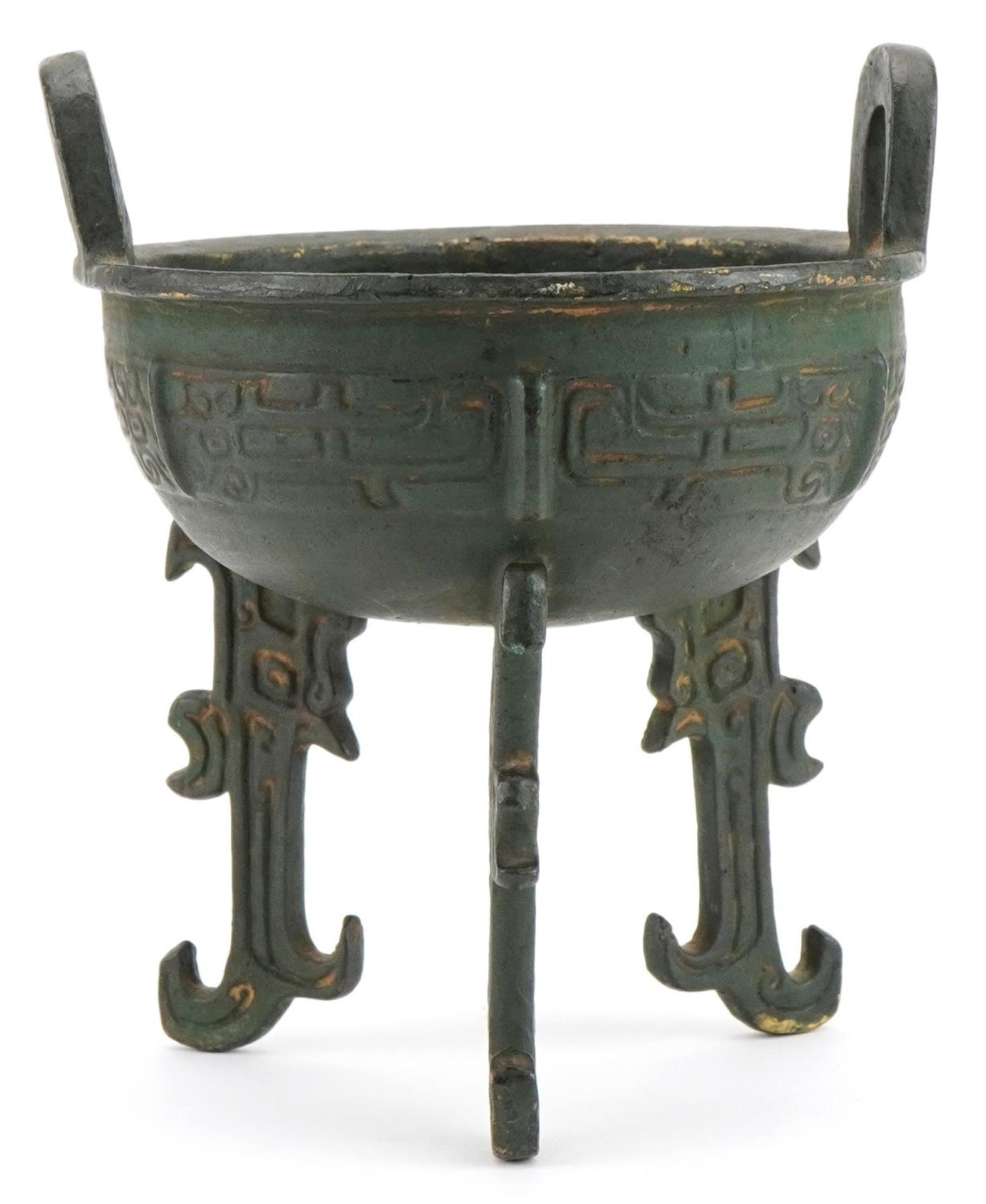 Chinese archaic style bronzed tripod censer with twin handles, 18cm high - Image 3 of 6