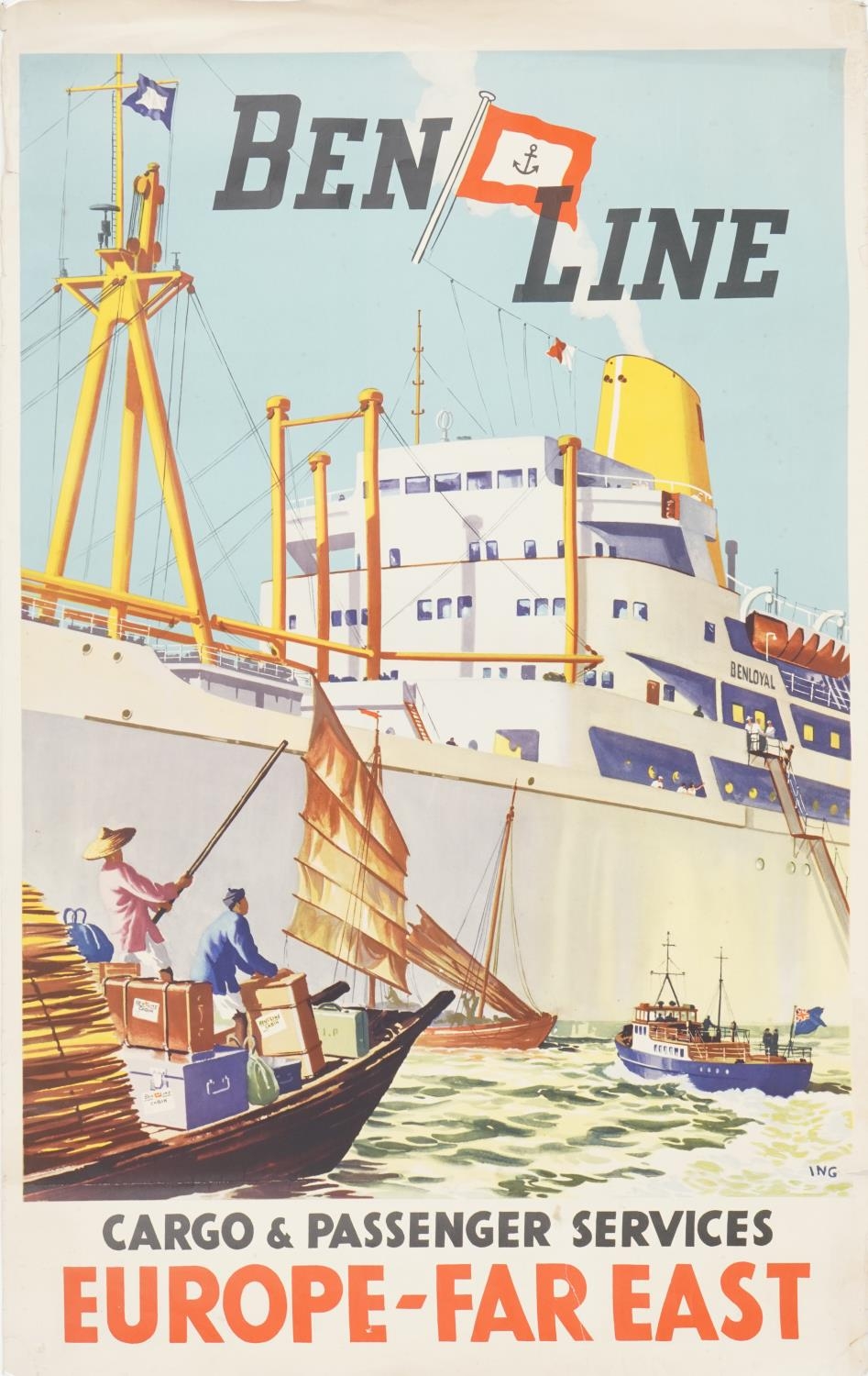 Vintage shipping interest Ben Line Cargo and Passenger Services Europe-Far East poster, designed - Image 2 of 4