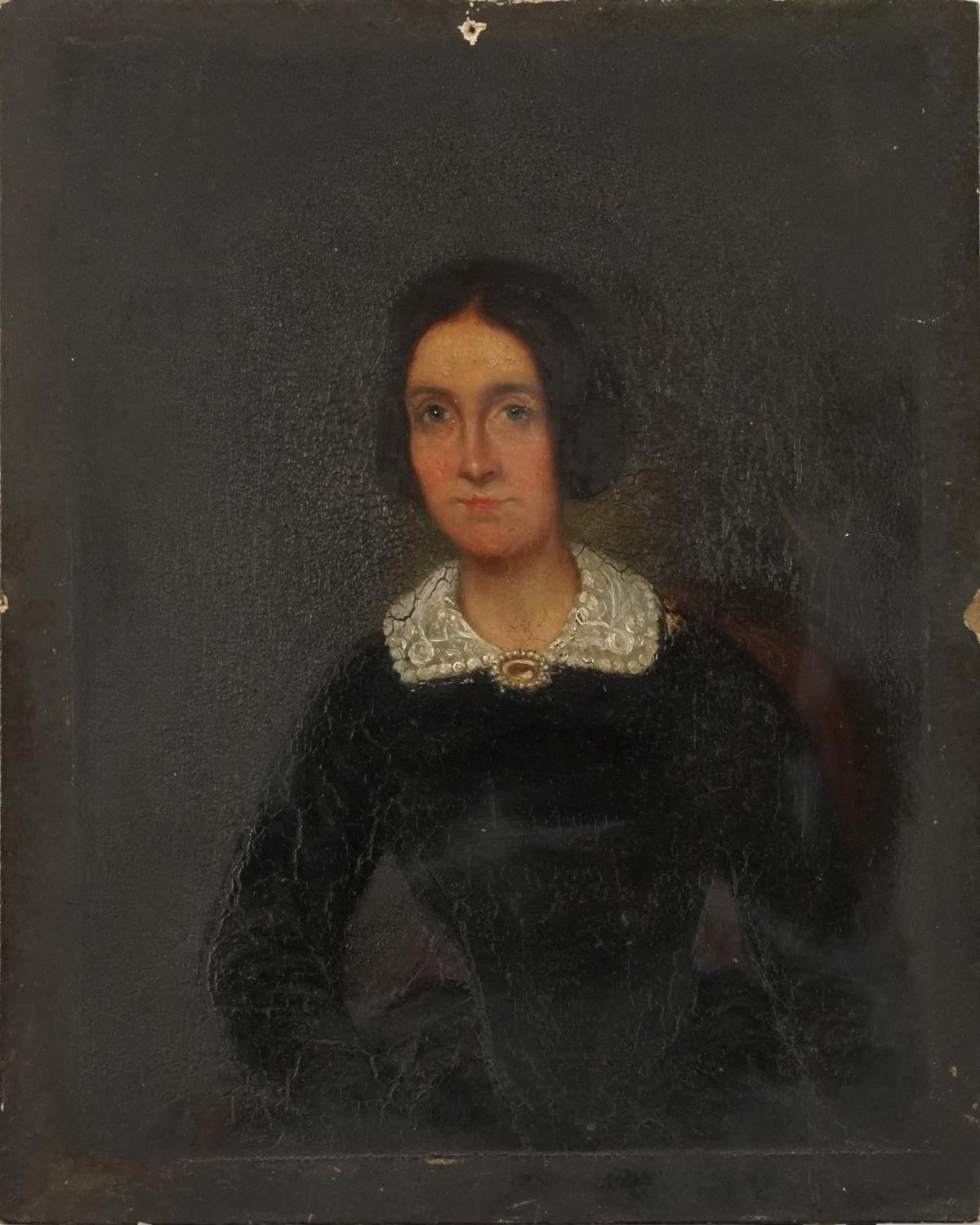 Half length portrait of a female wearing a black dress, possibly mourning, mid 19th century oil on - Image 2 of 8