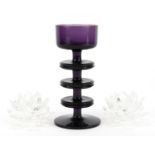 Wedgwood amethyst glass candle holder designed by Stennett Willson and a pair of Swarovski Crystal