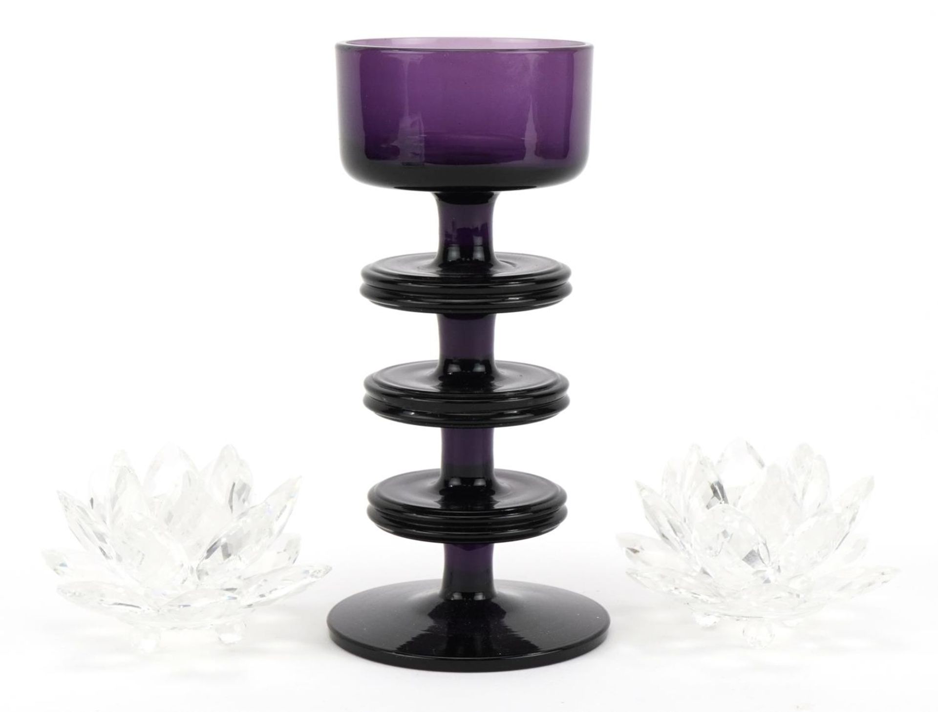 Wedgwood amethyst glass candle holder designed by Stennett Willson and a pair of Swarovski Crystal