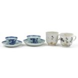 Chinese blue and white porcelain from the Nanking Cargo comprising two tea bowls with saucers and