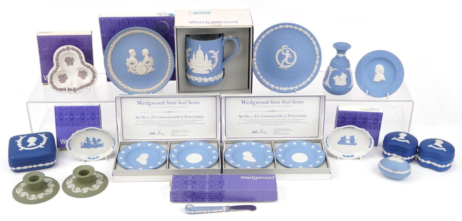 Collection of Wedgwood Jasperware, some with boxes including St Paul's Cathedral tankard, pair of