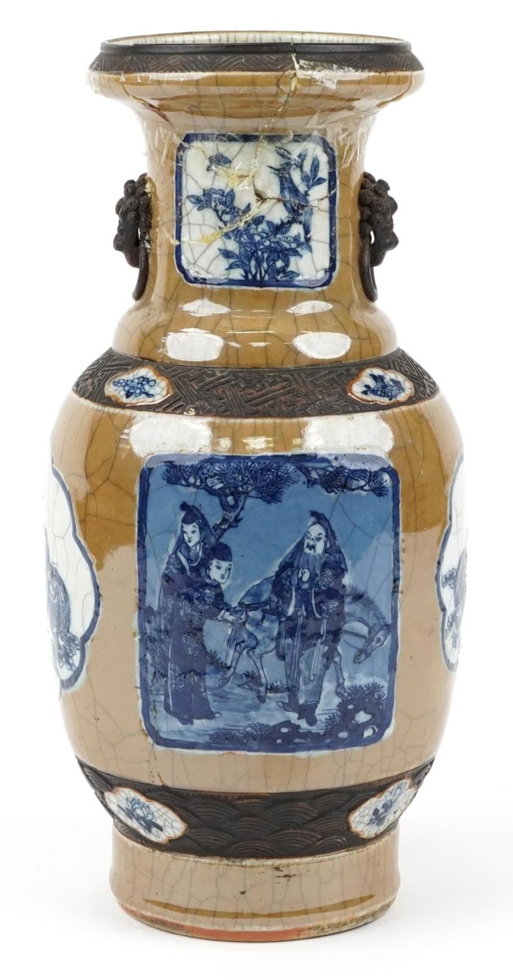 Large Chinese crackle glaze porcelain vase with animalia ring turned handles, hand painted with - Image 2 of 3
