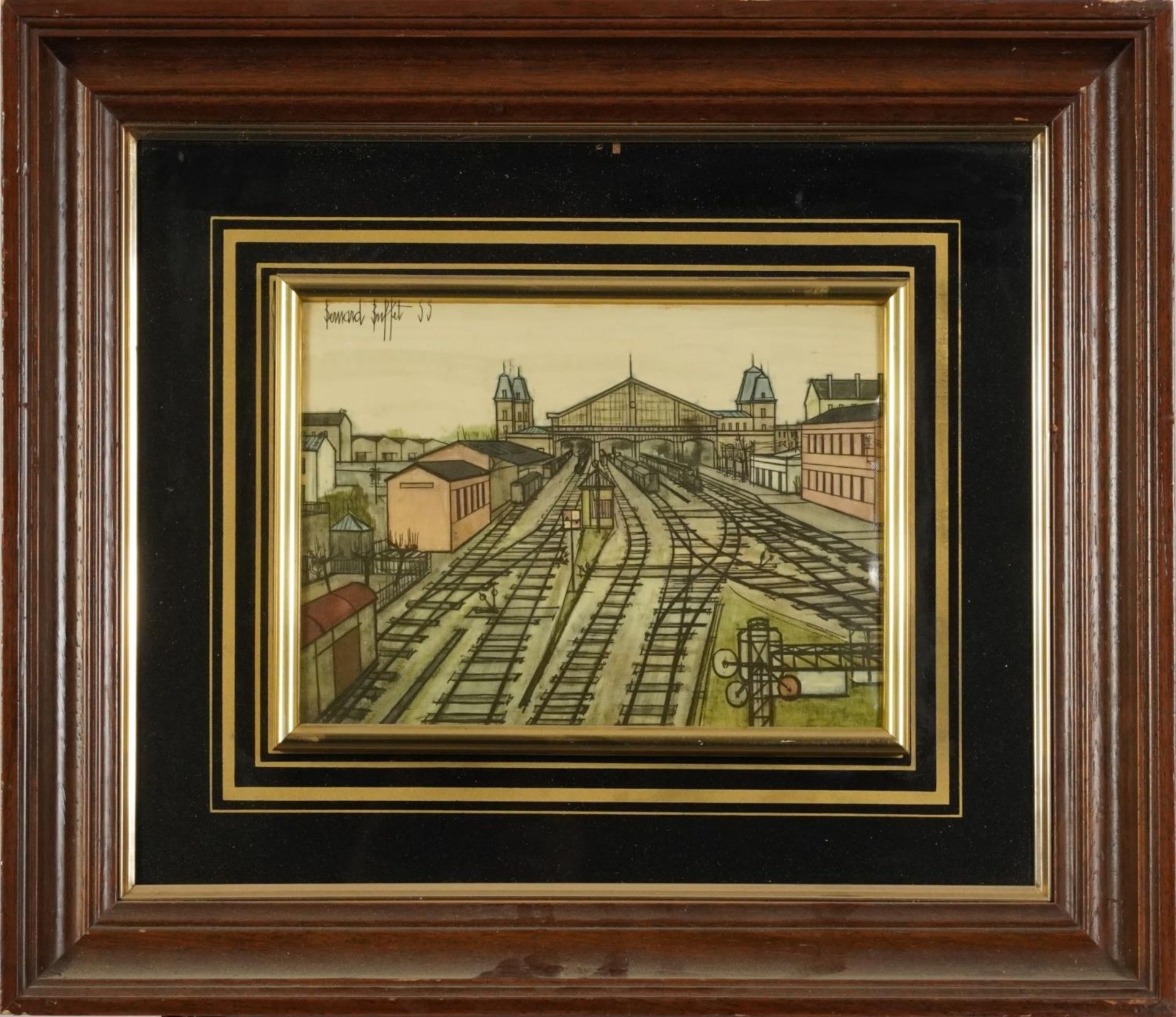After Bernard Buffet - Railroad Train Depot, print in colour, mounted and framed, 22.5cm x 16cm - Image 2 of 5