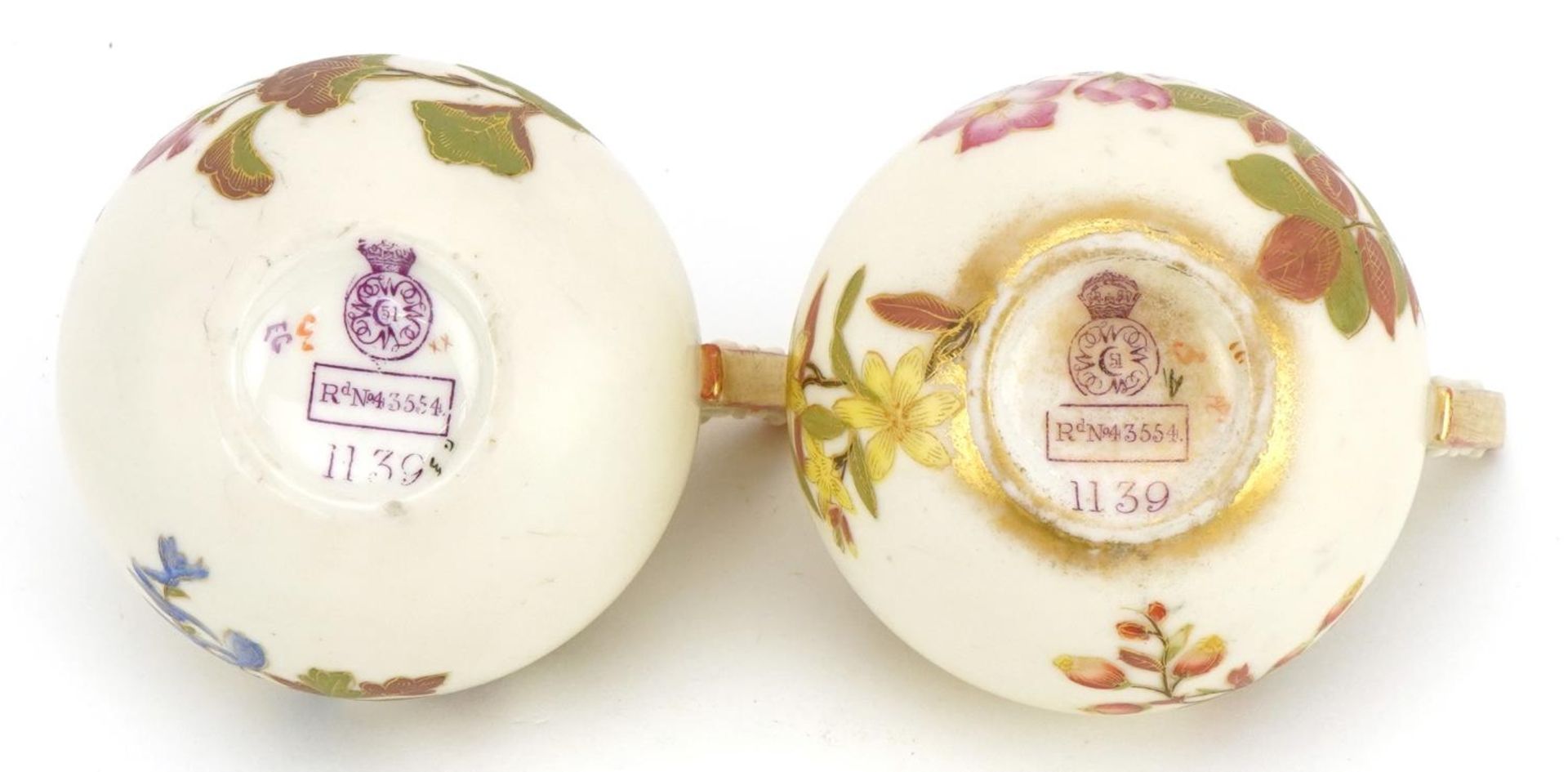 Royal Worcester, pair of Victorian blush ivory vases with pierced handles, each decorated with - Image 3 of 4