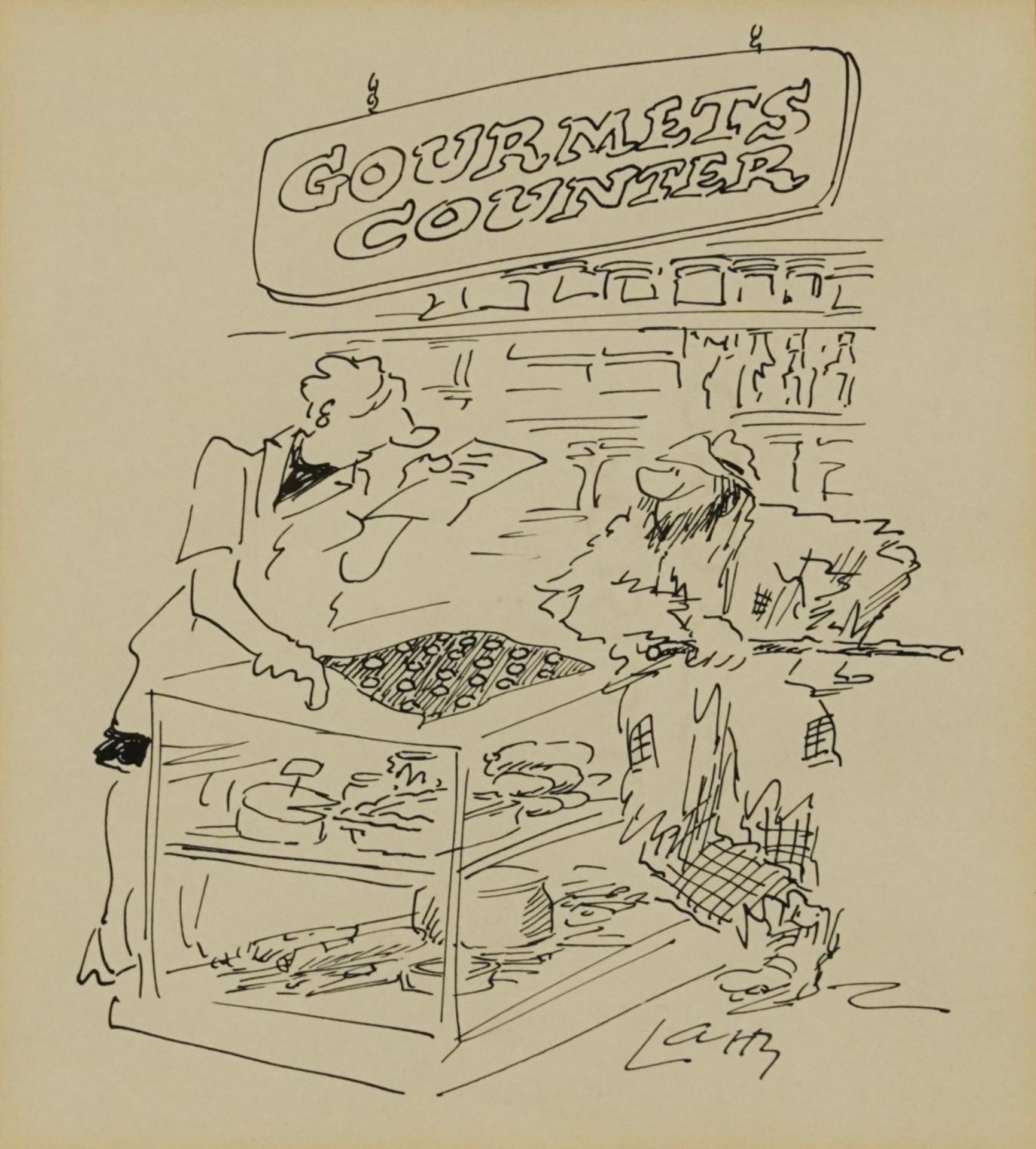 Terence Larry Parkes - Gourmet Counter, ink illustration, inscribed verso, mounted, framed and
