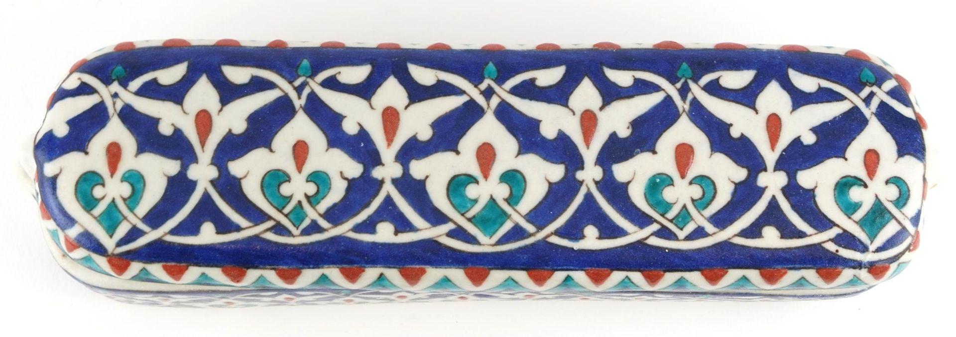 Turkish Iznik pottery pen box and cover, 23.5cm in length - Image 7 of 10