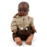 Karl Baumann, antique German bisque headed black doll with open close eyes, impressed KB-3 to the