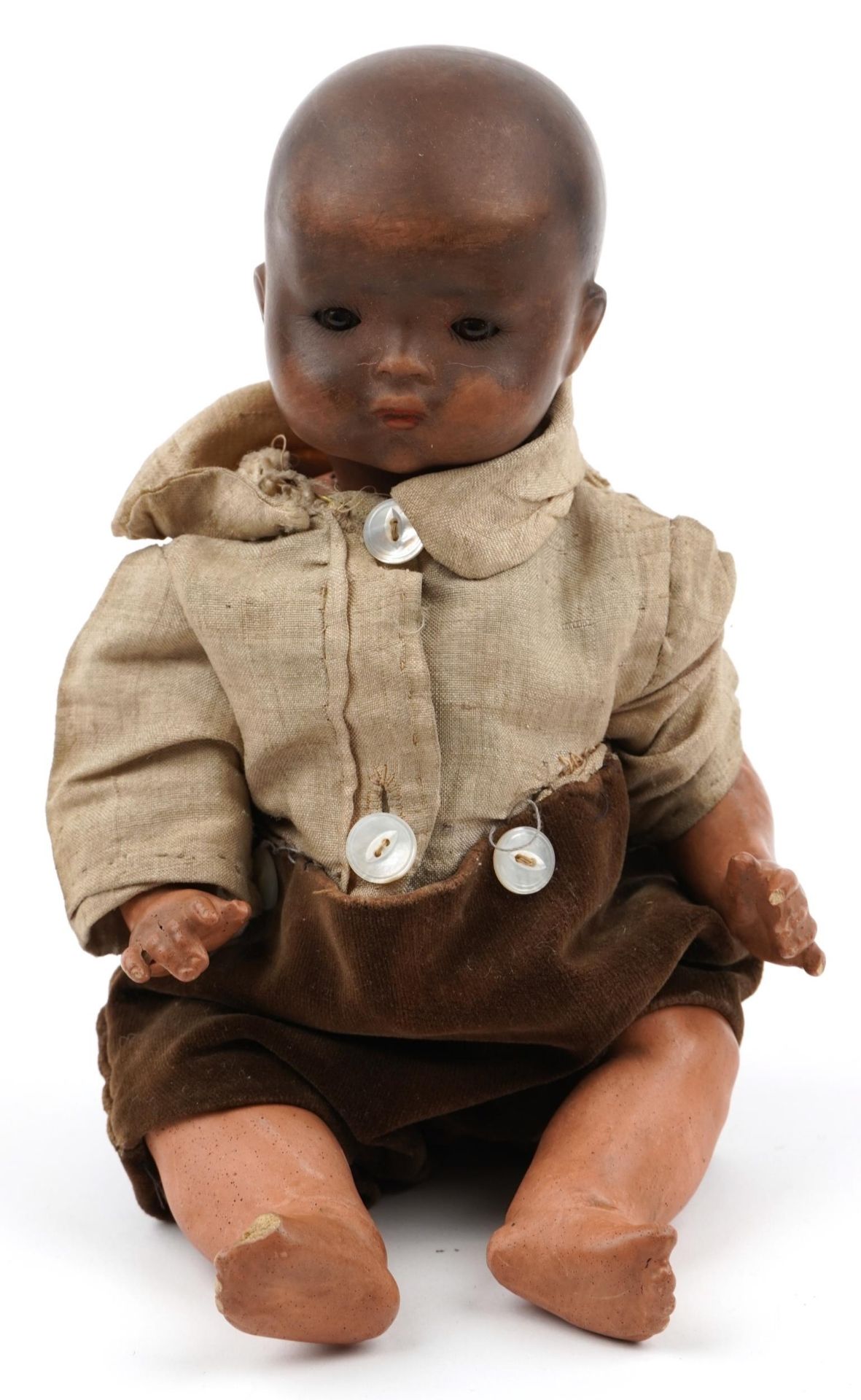 Karl Baumann, antique German bisque headed black doll with open close eyes, impressed KB-3 to the