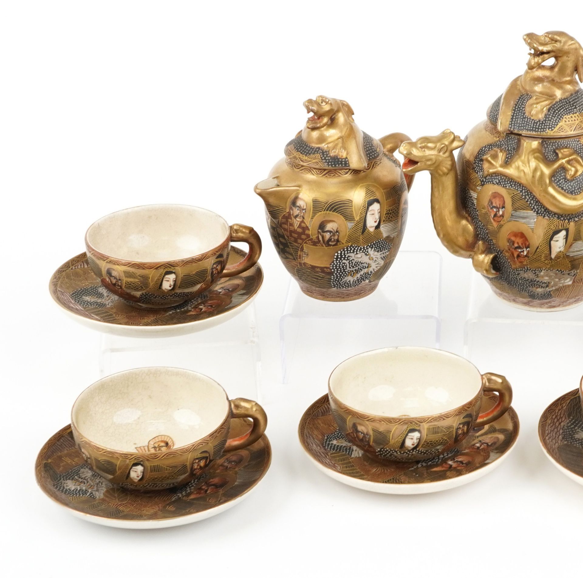 Japanese Satsuma pottery six place tea service hand painted with Geishas and immortals, housed in - Image 6 of 18