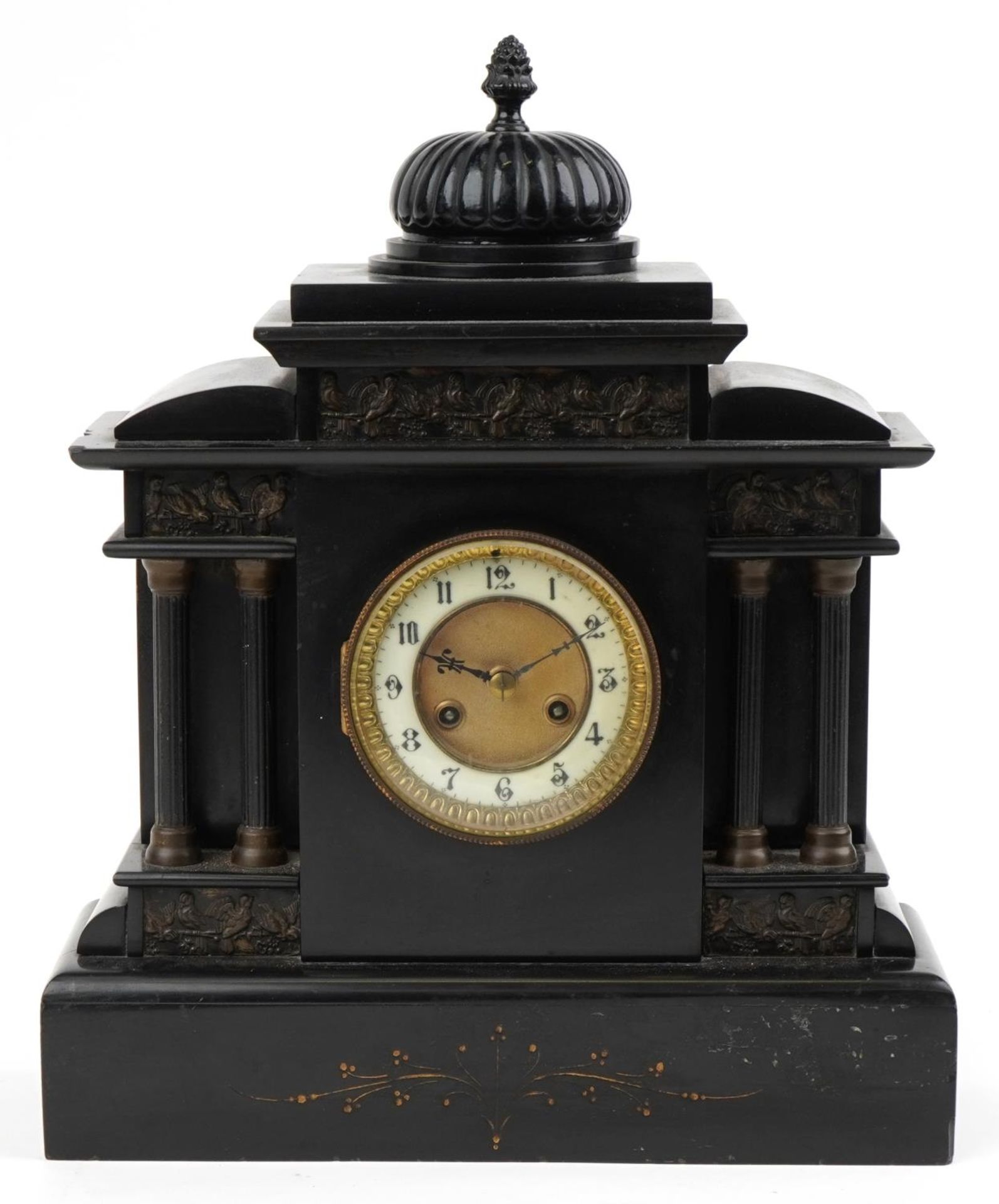 Victorian black slate mantle clock with reeded columns and circular chapter ring having Arabic - Image 4 of 8
