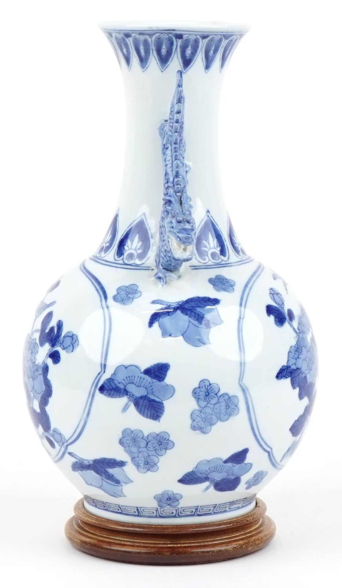 Chinese blue and white porcelain vase with dragon handles raised on a hardwood stand, decorated with - Image 2 of 6