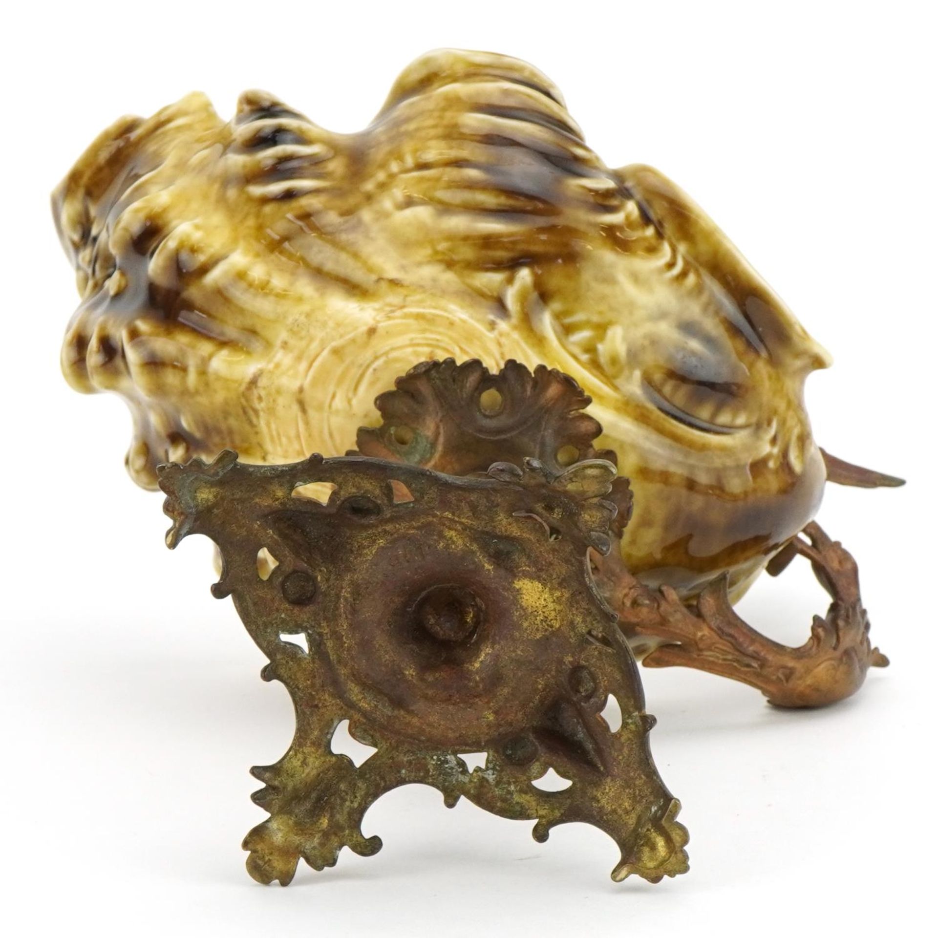 19th century continental gilt metal centrepiece with dragon handle and pottery shell shaped bowl, - Bild 13 aus 14