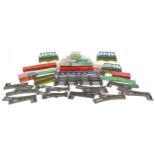 Collection of Hornby O gauge tinplate model railway track, connecting plates, rails and bridges,