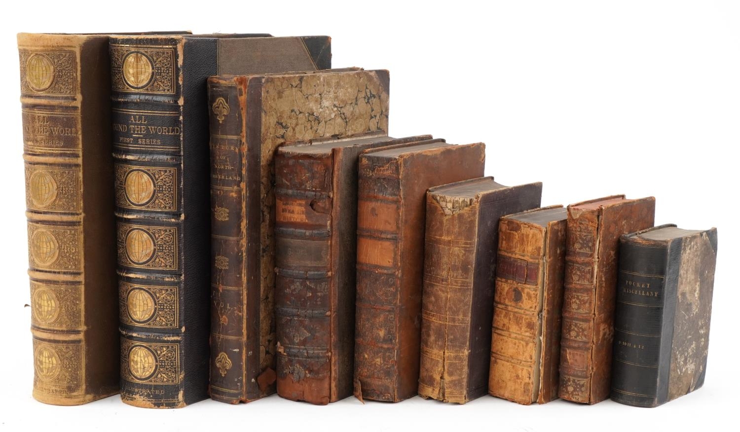 Eight antique hardback books including All Around the World by W F Ainsworth, volumes 1 and 2,
