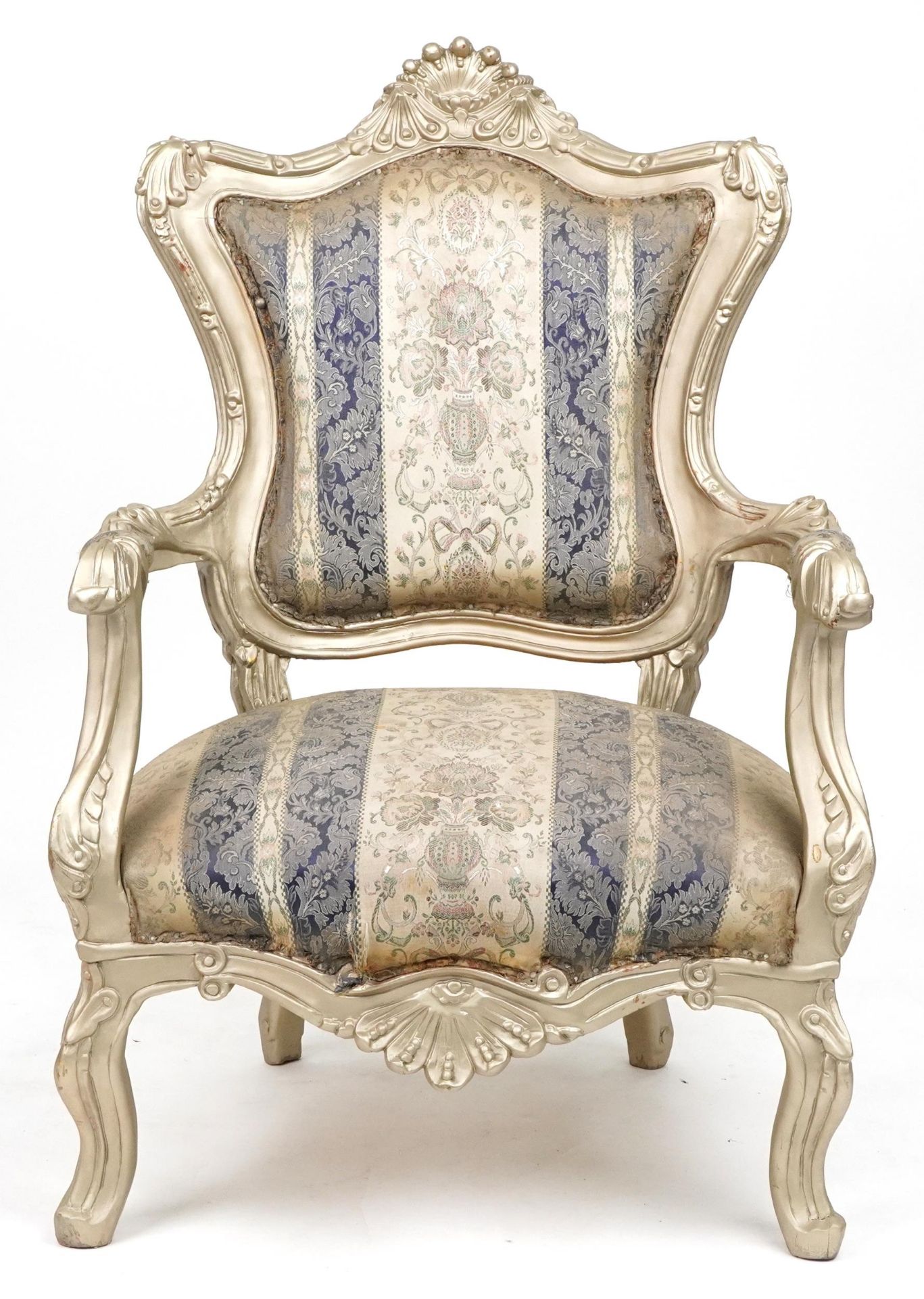 French style ornate gilt open armchair with blue and cream striped floral upholstery, 110cm high - Image 2 of 4