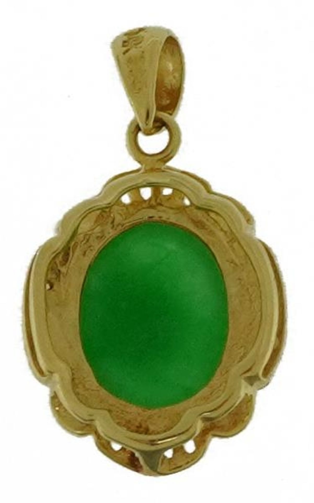 Chinese 14k gold cabochon jade and diamond pendant, 2.2cm high, 1.6g - Image 2 of 3