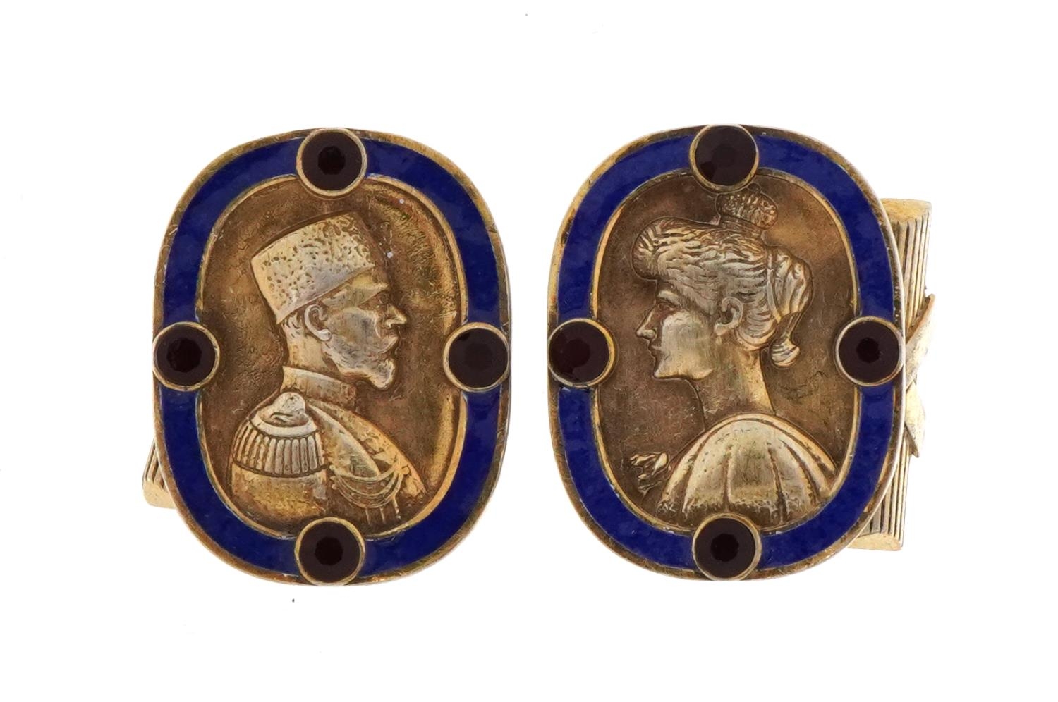 Pair of silver gilt and enamel portrait cufflinks set with red stones, impressed Russian marks, 2.