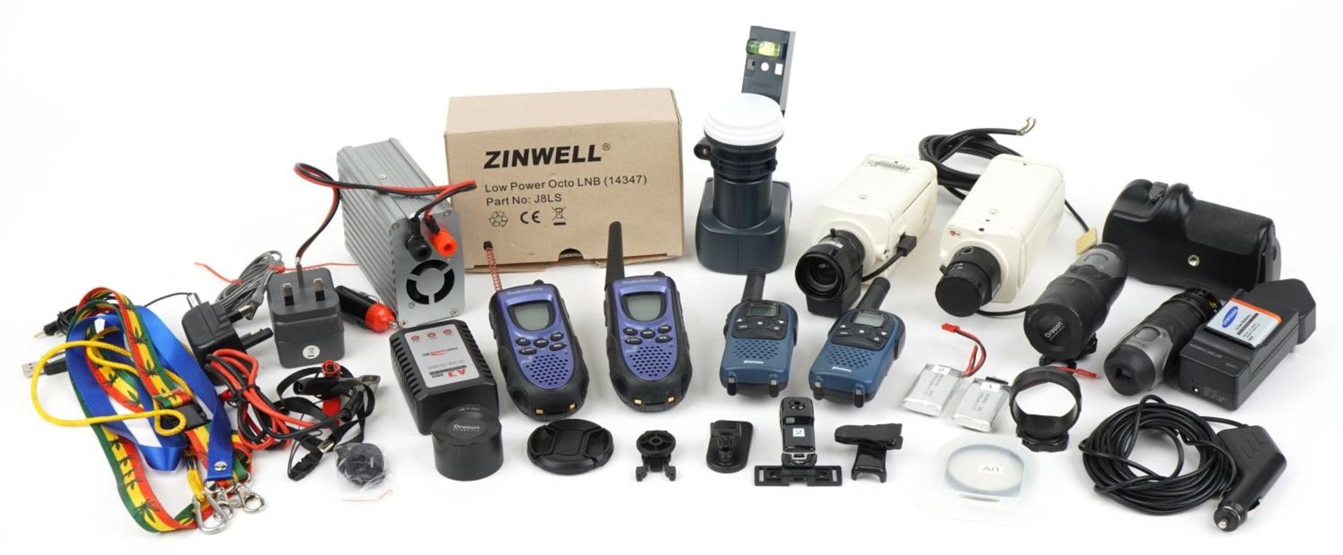 Collection of security cameras, accesories and walkie talkies