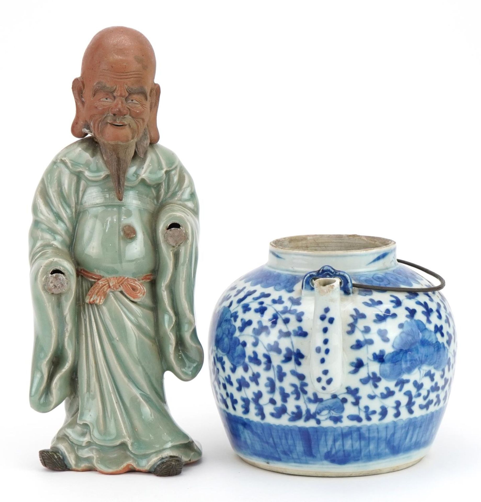 Chinese blue and white porcelain teapot and a celadon glazed figure, the largest 30cm high - Image 2 of 7