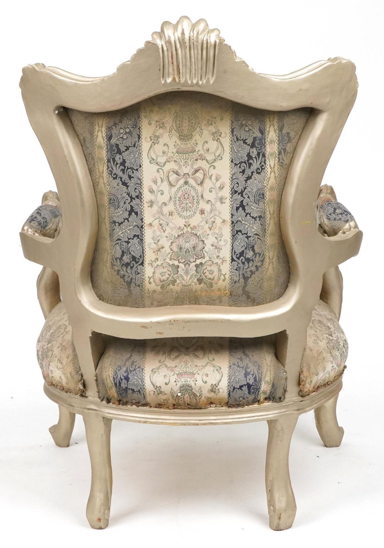 French style ornate gilt open armchair with blue and cream striped floral upholstery, 110cm high - Image 3 of 3