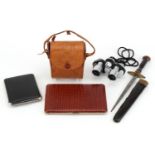 Sundry items including a pair of Plum 8 x 20 binoculars with case and faux crocodile skin